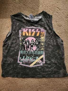 Kiss Black Tie-Dye Muscle Tank with Pink and Yellow Graphic XL